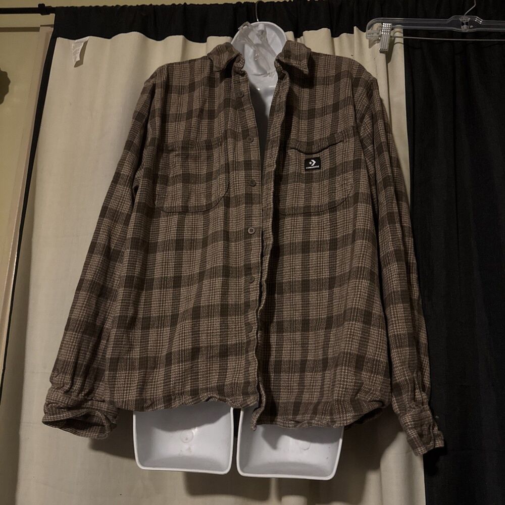 Converse Plaid Flannel Button Shirt Brown Long Sleeve Size Large